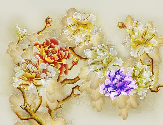 仿彩雕牡丹花朵背景墙 仿彩雕牡丹花朵背景墙