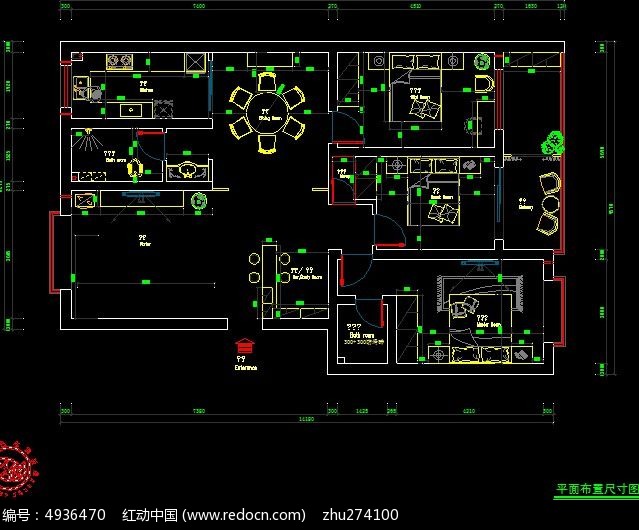 三室朝阳户型平面家具尺寸图