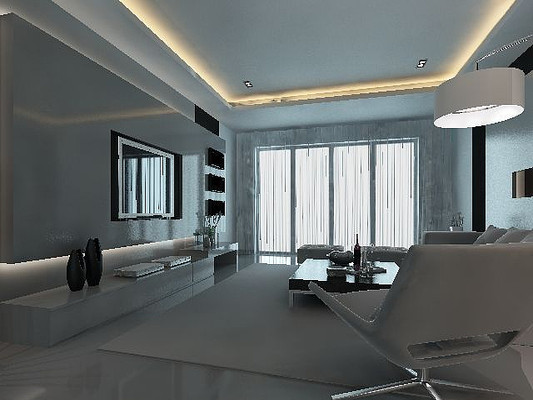 冷色调时尚大气客厅装修3D模型素材 冷色调时尚大气客厅装修3D模型素材