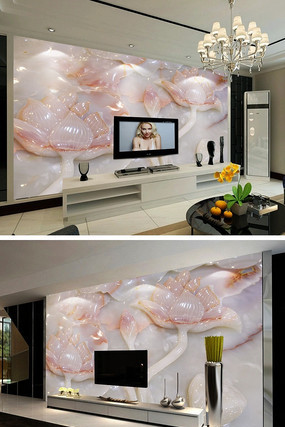 高端玉雕荷花壁画电视背景墙 高端玉雕荷花壁画电视背景墙