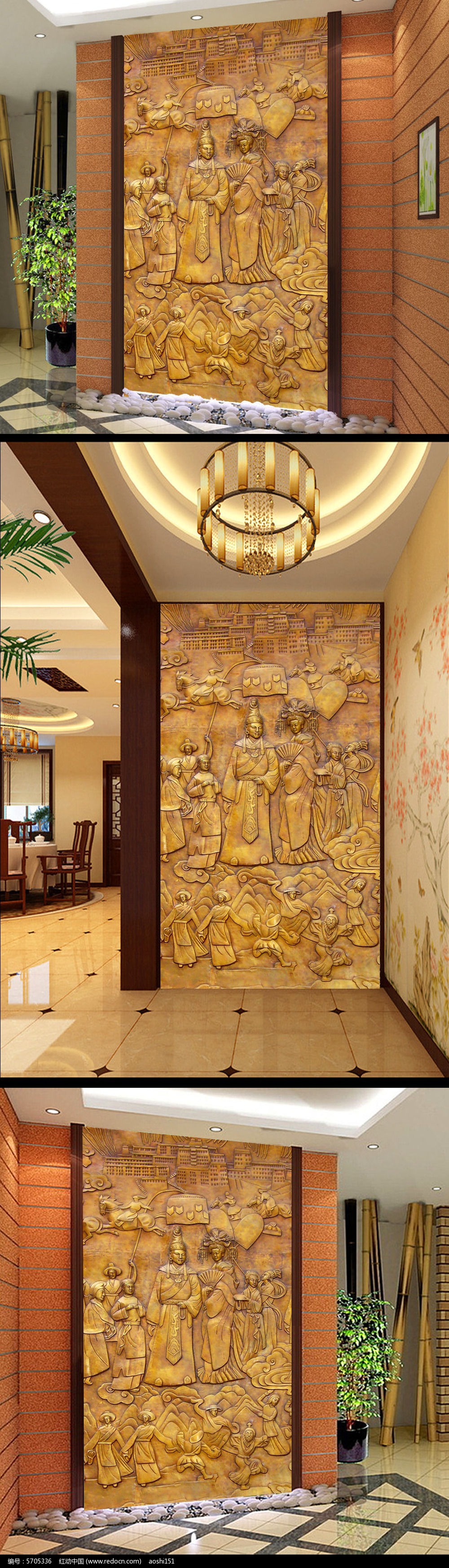 3d藏式皇室图腾黄铜浮雕玄关背景墙