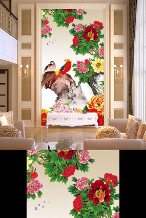 工笔花鸟画国画牡丹花朵玄关壁画 工笔花鸟画国画牡丹花朵玄关壁画