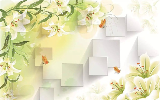 现代田园简约百合蝴蝶3D立体方块背景墙 现代田园简约百合蝴蝶3D立体方块背景墙