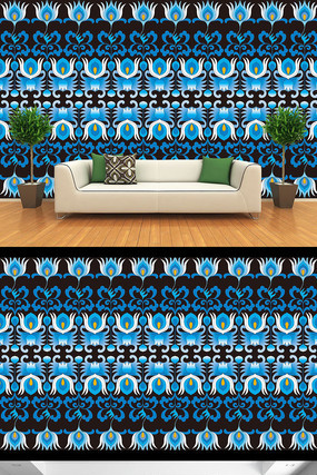 蓝色典雅花纹沙发电视背景墙 蓝色典雅花纹沙发电视背景墙