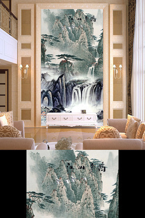 国画瀑布山水风景画玄关隔断 国画瀑布山水风景画玄关隔断