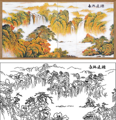 源远流长山水画雕刻图案 源远流长山水画雕刻图案