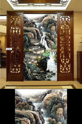 国画水墨画山水画风景画玄关隔断 国画水墨画山水画风景画玄关隔断