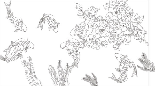 牡丹鱼雕刻图案 牡丹鱼雕刻图案