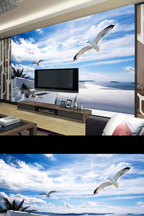 蓝天白云唯美海边风景壁画电视背景墙 蓝天白云唯美海边风景壁画电视背景墙
