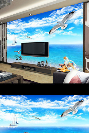 蓝天白云唯美海滩风景电视背景墙 蓝天白云唯美海滩风景电视背景墙
