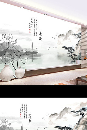 中式水墨山水荷花壁画电视背景墙 中式水墨山水荷花壁画电视背景墙