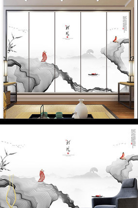 ����ʽ�⾳ˮīɽˮ���ӱ���ǽ PSD