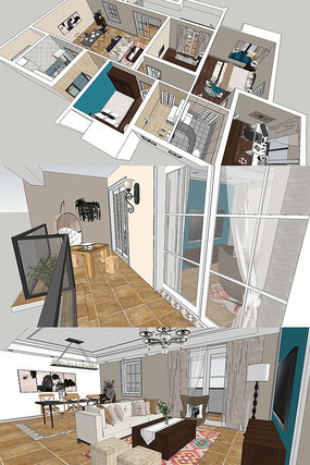 现代美式家装设计SU模型 现代美式家装设计SU模型