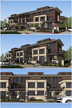 新亚洲风格别墅叠拼SU模型 新亚洲风格别墅叠拼SU模型