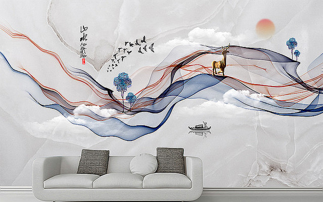 新中式抽象水墨山水画背景墙 新中式抽象水墨山水画背景墙