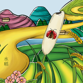 原创工笔勾线粮食丰收贺岁场景插画