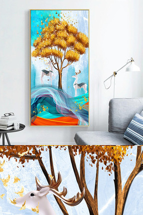 新中式现代轻奢麋鹿 风景玄关晶瓷画 新中式现代轻奢麋鹿 风景玄关晶瓷画