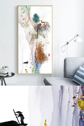 新中式麋鹿飞鸟线条风景玄关晶瓷画 新中式麋鹿飞鸟线条风景玄关晶瓷画