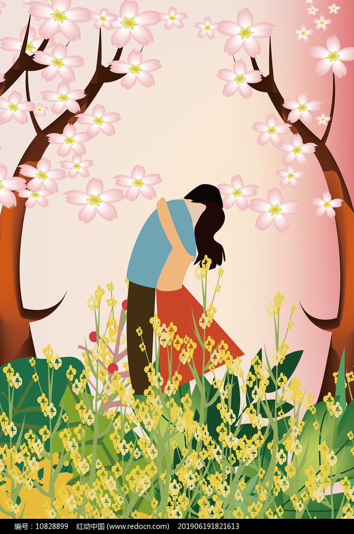 原创设计稿 卡通图片/插画 风景插画 原创一对情侣在桃花树下拥抱的
