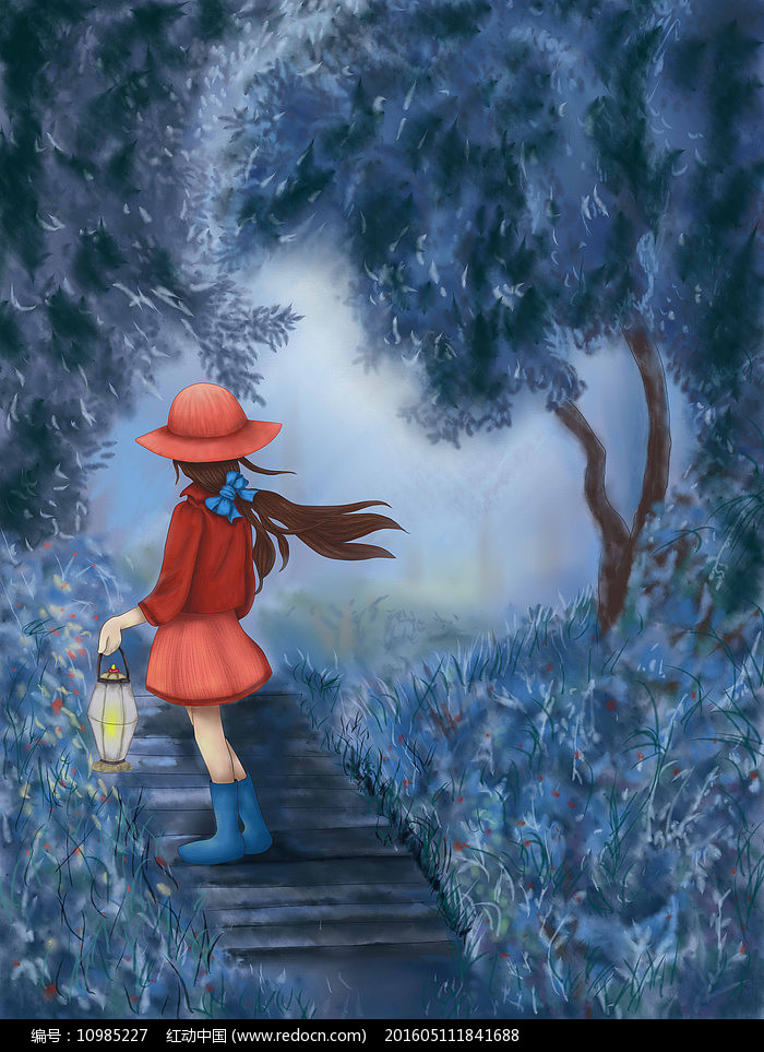 原创手绘夜森林里提灯的女孩手绘插画