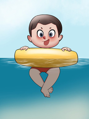 原创手绘插画可爱卡通男孩夏天游泳元素