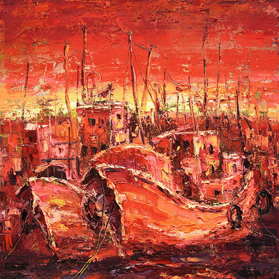 纯手绘渔船油画装饰画 纯手绘渔船油画装饰画