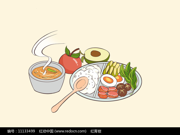 手绘扁平营养肉蛋奶菜米合理搭配的饭食插画