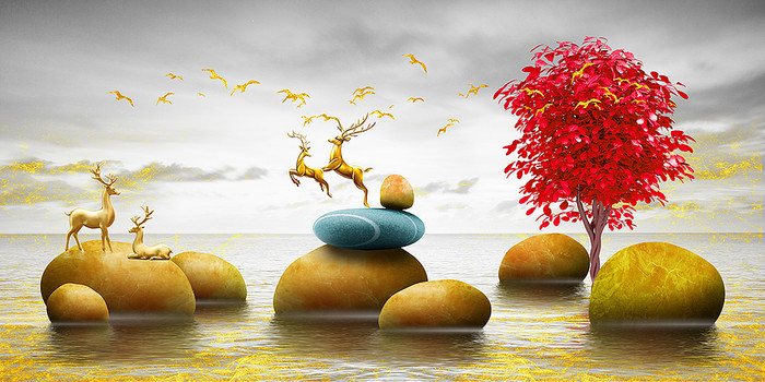 新中式麋鹿石来运转卧室装饰画 新中式麋鹿石来运转卧室装饰画