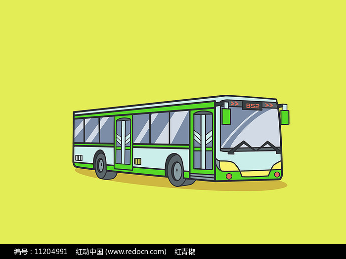 原創手繪綠色扁平卡通風格公交車插畫圖片