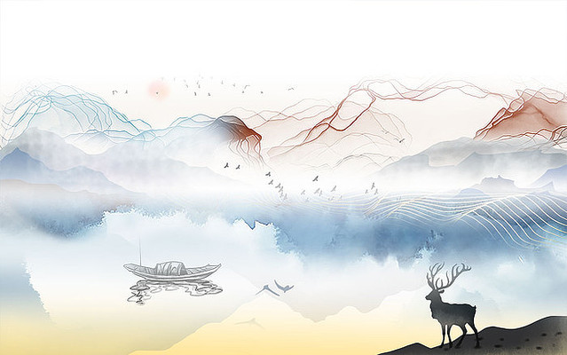 �߶˴�����ɫ�洬ɽˮ����ǽ PSD