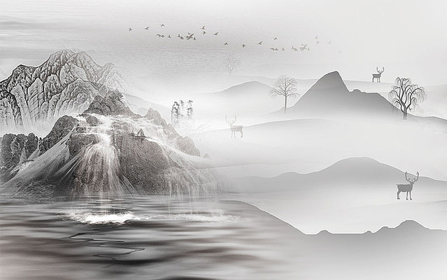 ��ɫ��ˮɽˮ����ǽ PSD