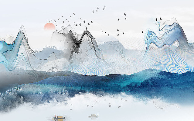 �߶���ɫɽˮ����ǽ PSD