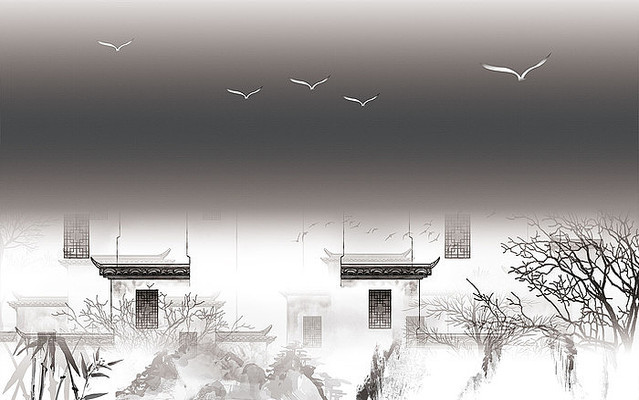 高清黑白飞鸟山水背景墙 高清黑白飞鸟山水背景墙