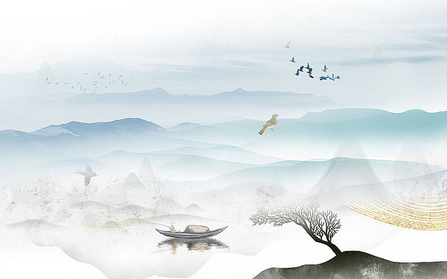  �����ʽ�洬ɽˮ����ǽ PSD