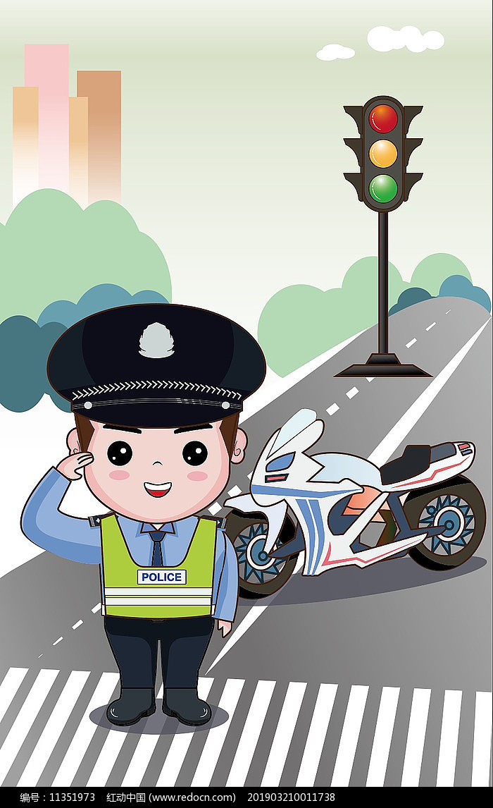 原创插画卡通交通警察在摩托车旁敬礼竖版
