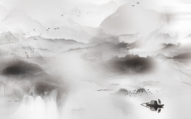  ����ˮī�⾳ɽˮ����ǽ PSD