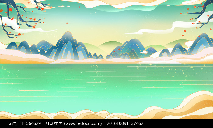 卡通手绘国潮山水风景插画背景