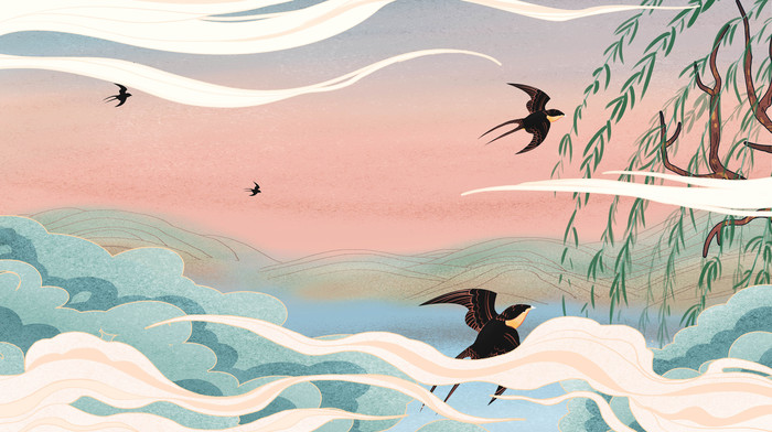 国潮插画山水祥云燕子 国潮插画山水祥云燕子