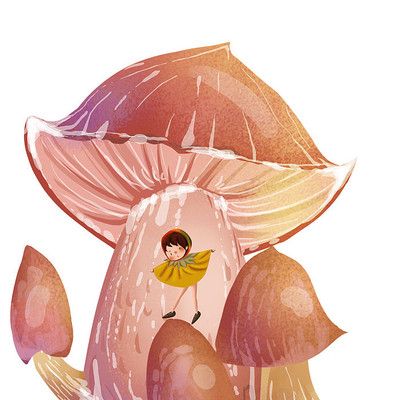 棕色手绘水彩蘑菇个体和小女孩 棕色手绘水彩蘑菇个体和小女孩