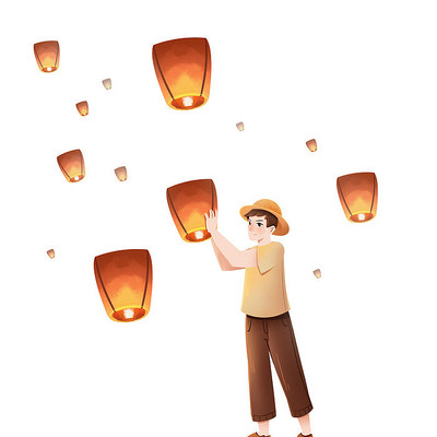 男子放孔明灯PNG素材 男子放孔明灯PNG素材