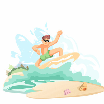 绿色男孩沙滩冲浪元素-插画 绿色男孩沙滩冲浪元素-插画