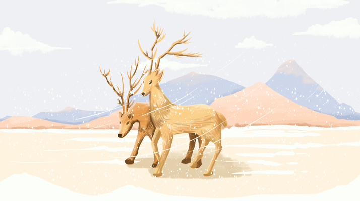 手绘冬天鹿风景插画 手绘冬天鹿风景插画