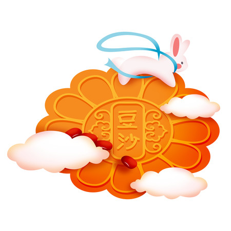 手绘卡通中秋趴在月饼上的兔子 手绘卡通中秋趴在月饼上的兔子