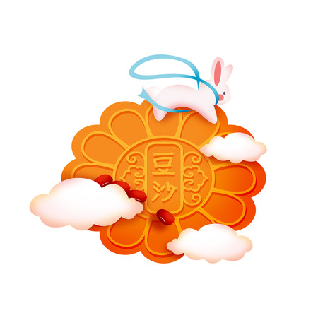 卡通手绘趴在月饼上的兔子 卡通手绘趴在月饼上的兔子