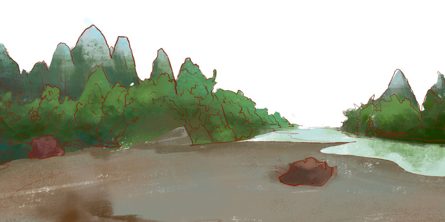 卡通手绘野外高山河流 PNG