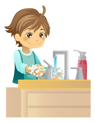 卡通涂抹洗手液洗手的男孩 卡通涂抹洗手液洗手的男孩