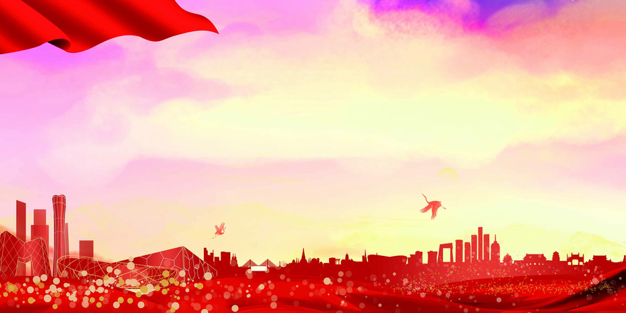 红色绸带金色光圈建筑物背景图 红色绸带金色光圈建筑物背景图