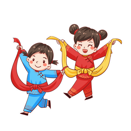 蓝色卡通小年小女孩踩高跷插画 蓝色卡通小年小女孩踩高跷插画