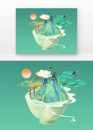 绿色渐变清明节国潮风景组合元素设计 绿色渐变清明节国潮风景组合元素设计