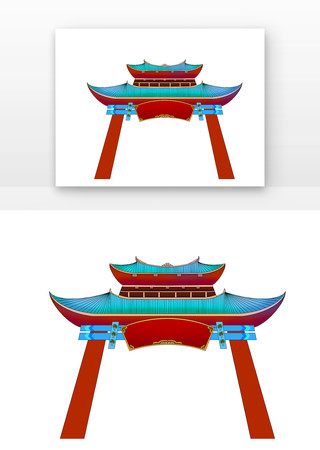 手绘卡通牌楼建筑古代元素免抠 PNG